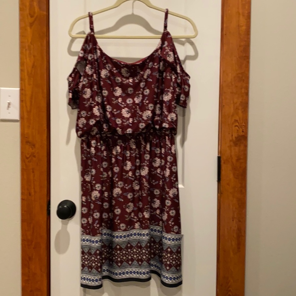 Maurices Maroon Floral Cold Shoulder Dress